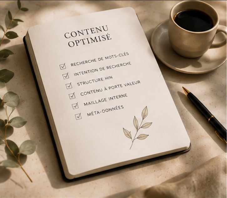 Bureau premium, carnet de notes SEO, lumi&egrave;re naturelle