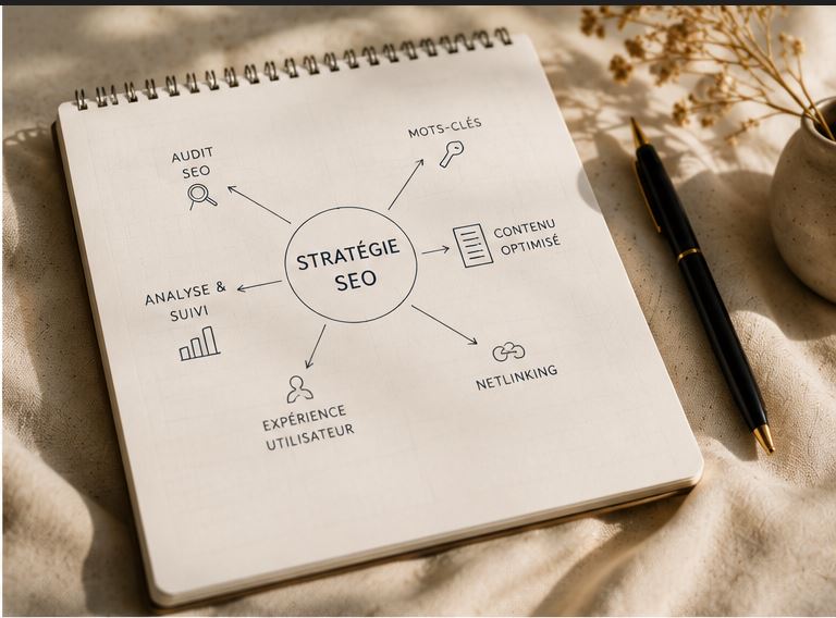 Rapport SEO imprim&eacute;, stylos premium, documents analytiques